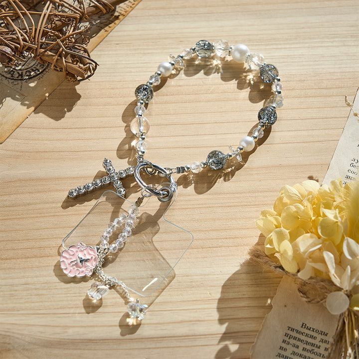 SolaceBeads Beaded Phone Charm: Gentle Design with Rhinestone Cross Pendant - image 1