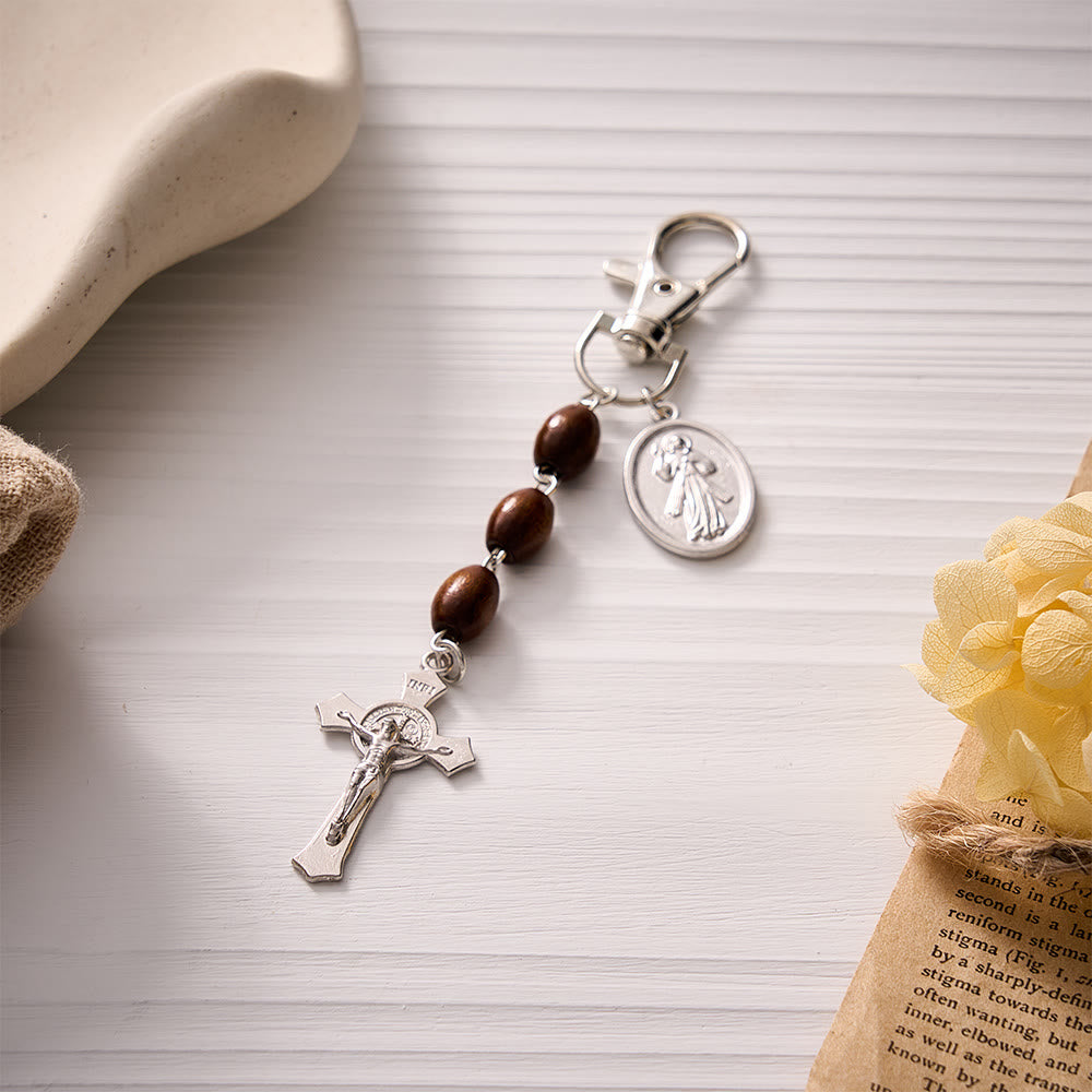 SolaceBeads Maple Wood Bead Keychain With St.Gerard &amp; Divine Mercy Medal: Devotion in Warm Timber - Light Brown With Devine Mercy Medal - image 2