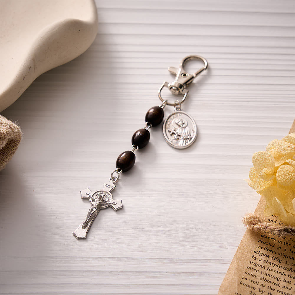 SolaceBeads Maple Wood Bead Keychain With St.Gerard &amp; Divine Mercy Medal: Devotion in Warm Timber - Dark Brown With St. Gerard Medal - image 1