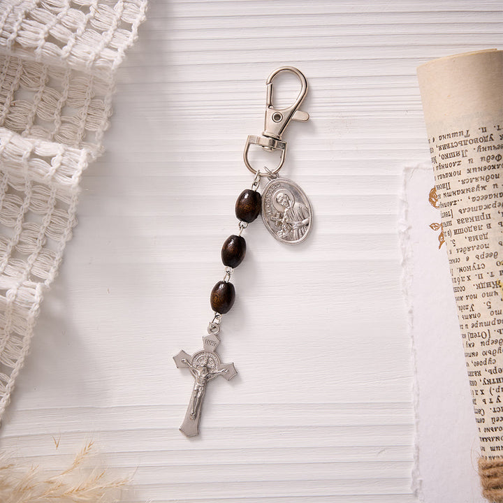 SolaceBeads Maple Wood Bead Keychain With St.Gerard &amp; Divine Mercy Medal: Devotion in Warm Timber - image 7