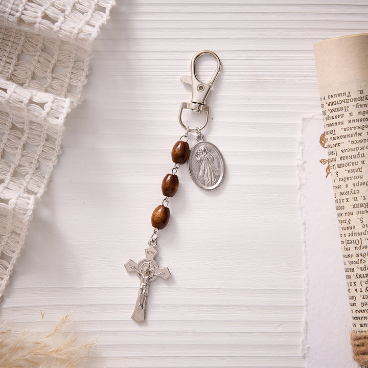 SolaceBeads Maple Wood Bead Keychain With St.Gerard &amp; Divine Mercy Medal: Devotion in Warm Timber - image 8