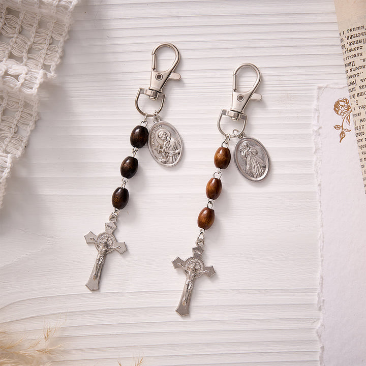 SolaceBeads Maple Wood Bead Keychain With St.Gerard &amp; Divine Mercy Medal: Devotion in Warm Timber - One Set - image 0