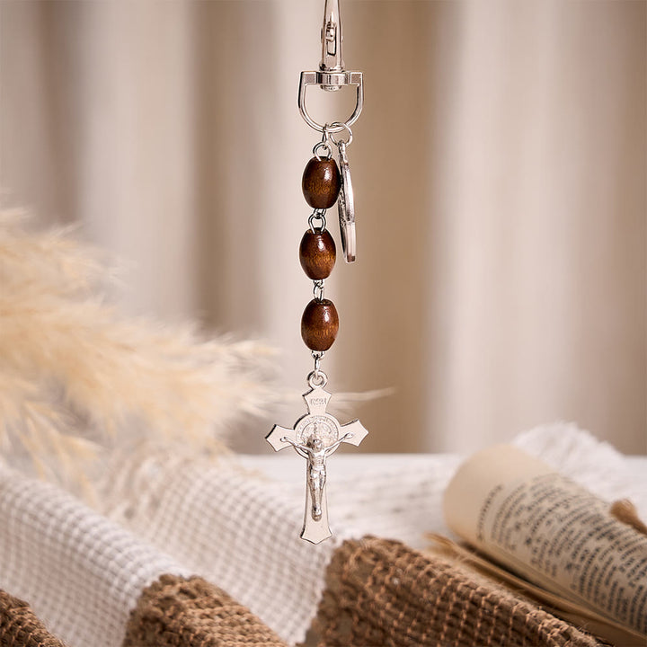 SolaceBeads Maple Wood Bead Keychain With St.Gerard &amp; Divine Mercy Medal: Devotion in Warm Timber - image 10