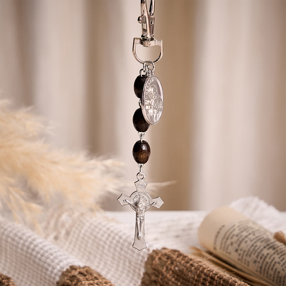 SolaceBeads Maple Wood Bead Keychain With St.Gerard &amp; Divine Mercy Medal: Devotion in Warm Timber - image 9