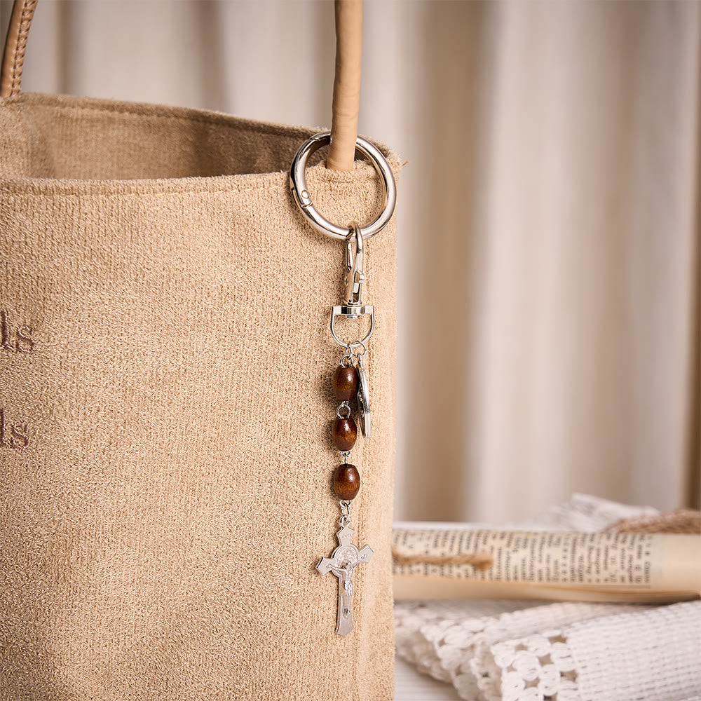 SolaceBeads Maple Wood Bead Keychain With St.Gerard &amp; Divine Mercy Medal: Devotion in Warm Timber - image 4