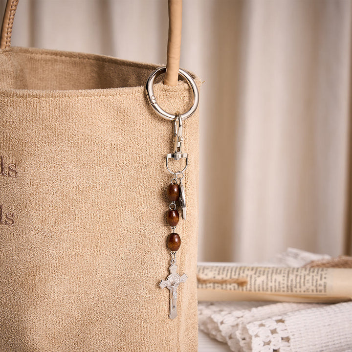 SolaceBeads Maple Wood Bead Keychain With St.Gerard &amp; Divine Mercy Medal: Devotion in Warm Timber - image 4