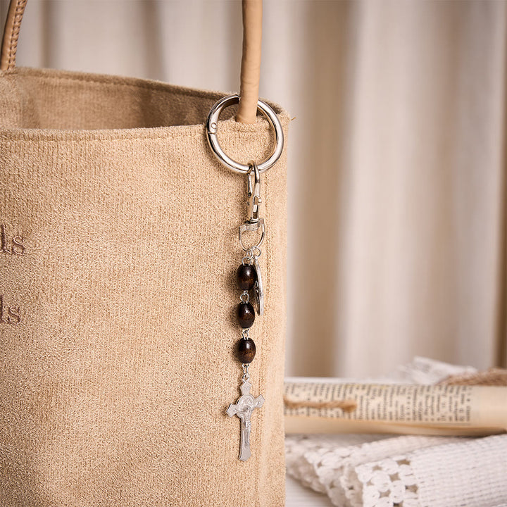 SolaceBeads Maple Wood Bead Keychain With St.Gerard &amp; Divine Mercy Medal: Devotion in Warm Timber - image 3