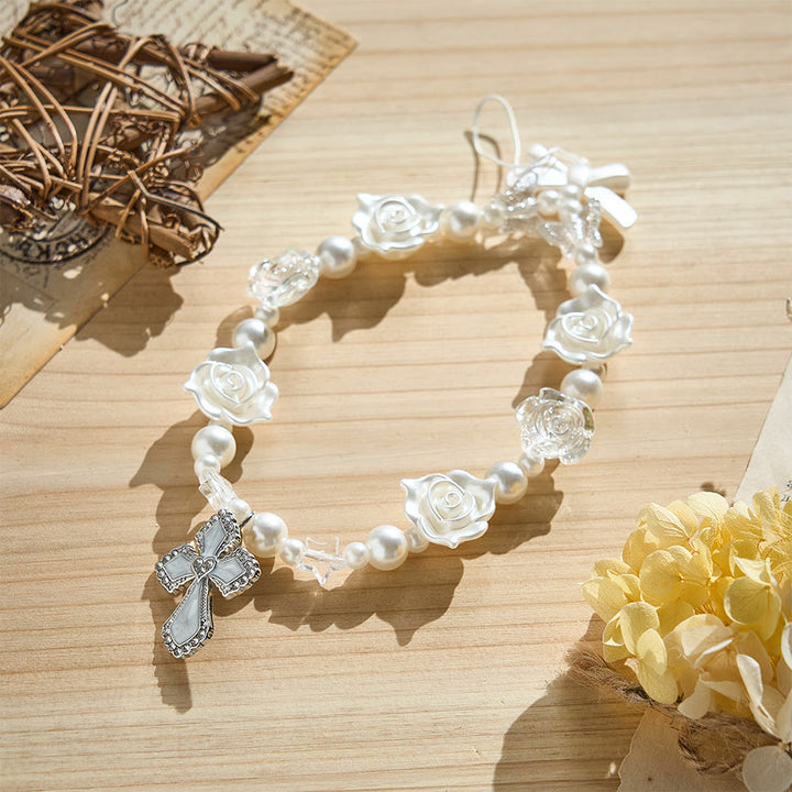 SolaceBeads Pearl Rose Beaded Phone Charm: Gentle Grace for Your Daily Companion - White - image 0