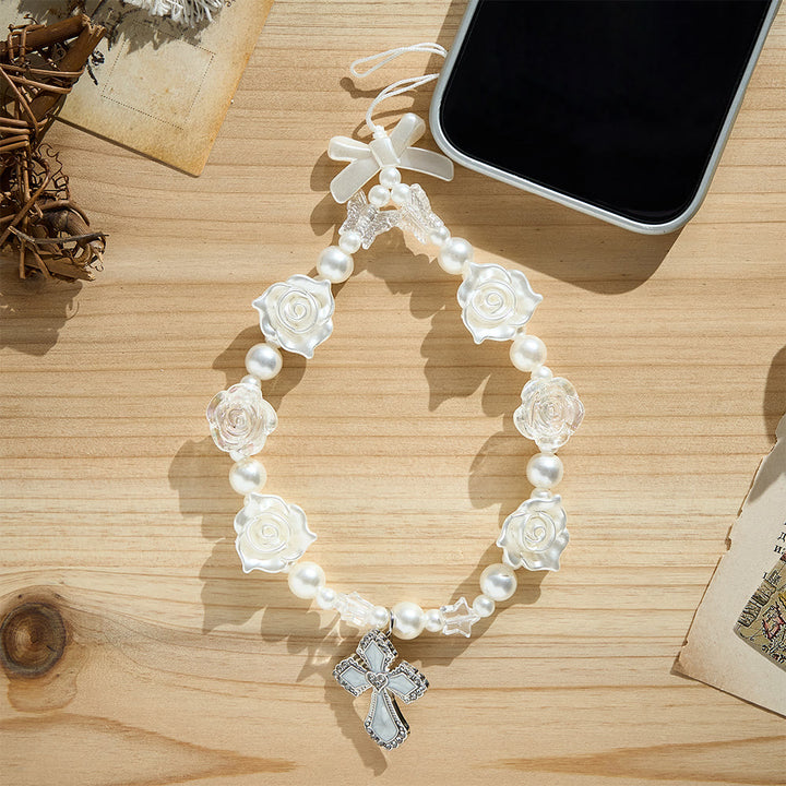 SolaceBeads Pearl Rose Beaded Phone Charm: Gentle Grace for Your Daily Companion - image 1
