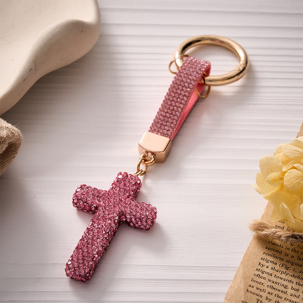 SolaceBeads Sparkling Rhinestone Cross Leather Keychain: Faith in Sparkling Glow - Pink - image 0