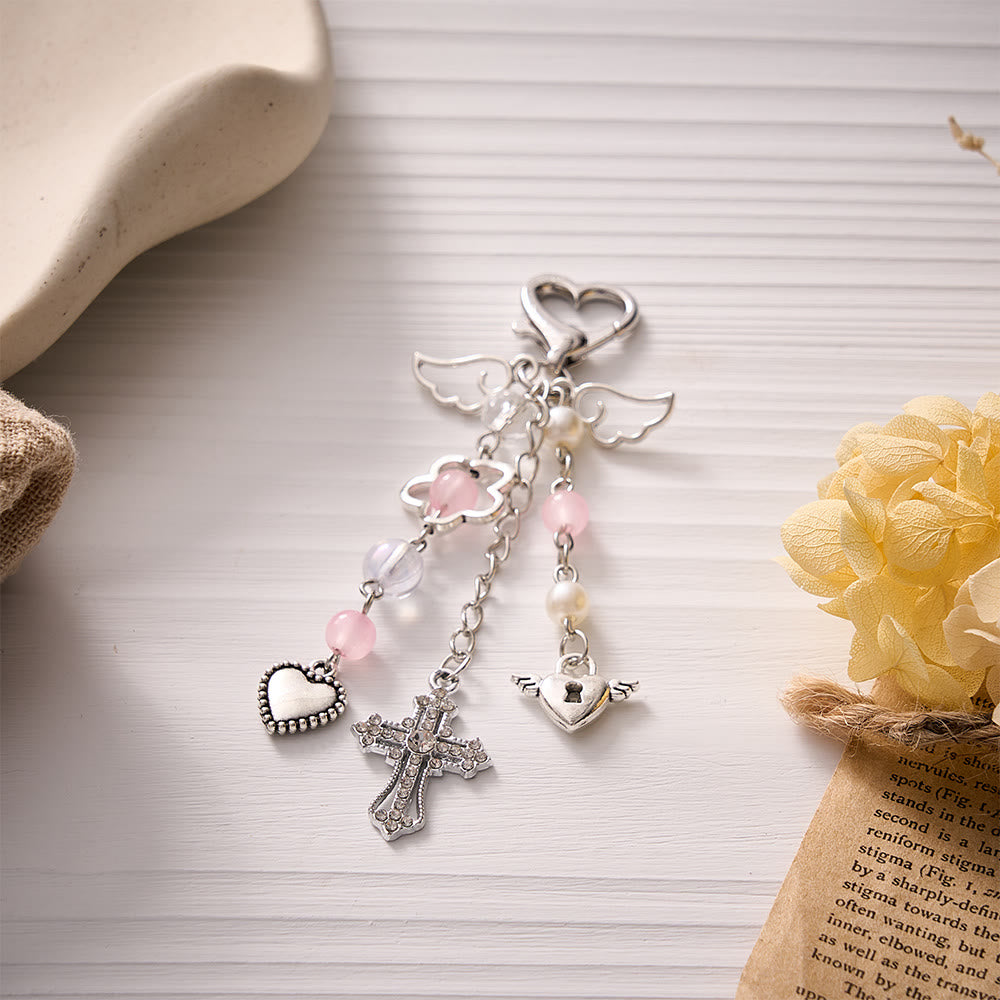 SolaceBeads Winged Cross &amp; Heart Keychain: Gentle Blessings, Pink &amp; Blue Available - Pink - image 1