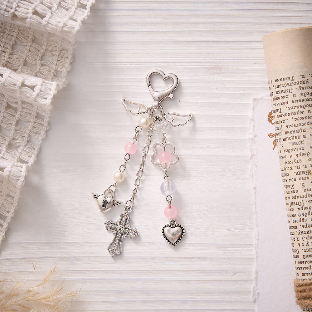 SolaceBeads Winged Cross &amp; Heart Keychain: Gentle Blessings, Pink &amp; Blue Available - image 2
