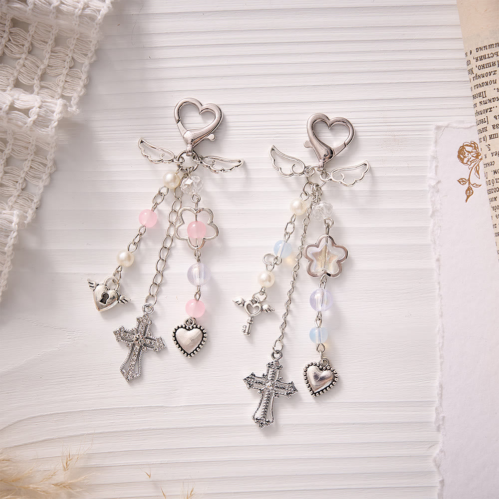 SolaceBeads Winged Cross &amp; Heart Keychain: Gentle Blessings, Pink &amp; Blue Available - Two-piece set - image 0