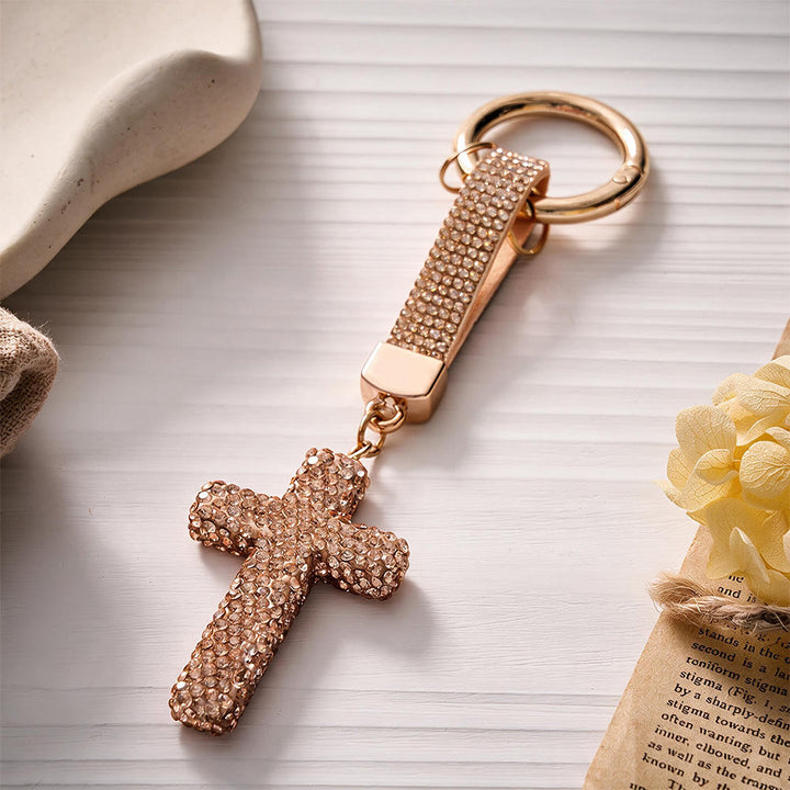 SolaceBeads Sparkling Rhinestone Cross Leather Keychain: Faith in Sparkling Glow - Gold - image 2