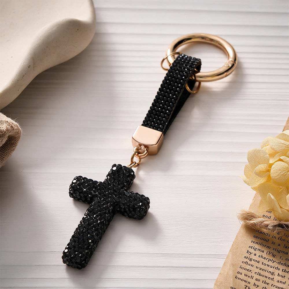 SolaceBeads Sparkling Rhinestone Cross Leather Keychain: Faith in Sparkling Glow - Black - image 1