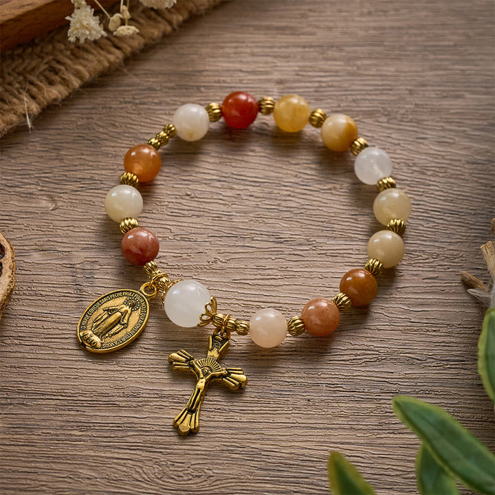 SolaceBeads Natural Gold Silk Jade &amp; White Jade Rosary Bracelet: Warm Blessing of Maria - image 4
