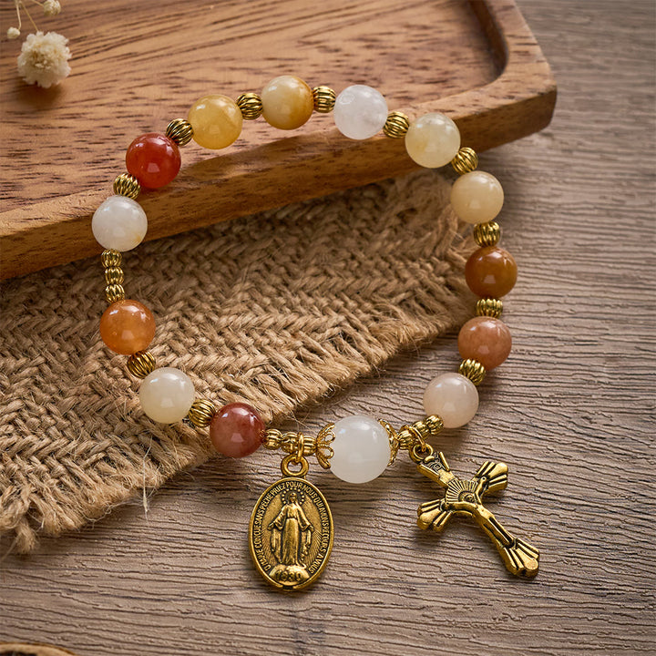 SolaceBeads Natural Gold Silk Jade &amp; White Jade Rosary Bracelet: Warm Blessing of Maria - Gold Silk Jade &amp; White Jade - image 0