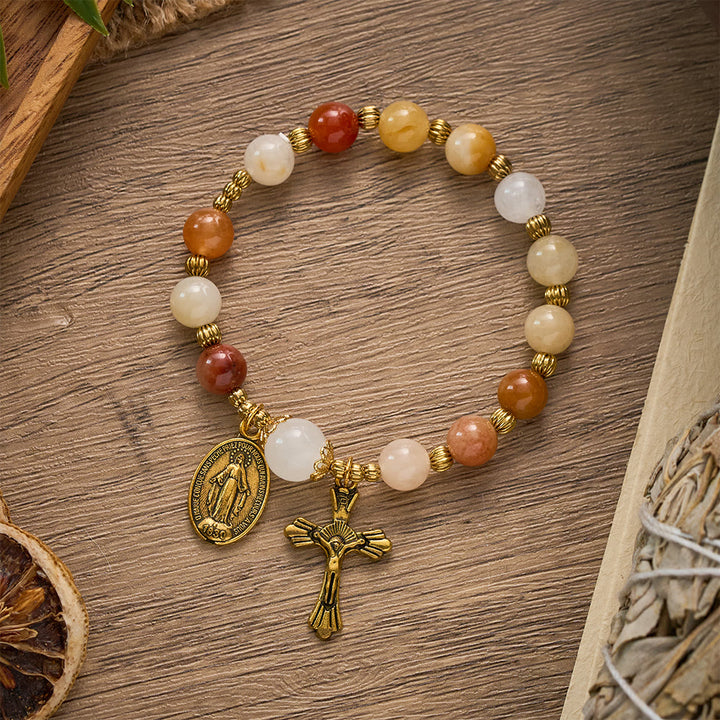 SolaceBeads Natural Gold Silk Jade &amp; White Jade Rosary Bracelet: Warm Blessing of Maria - image 3