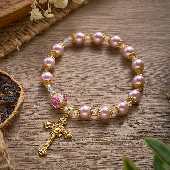 SolaceBeads Lustrous Pink Lampwork Rosary Bracelet With Ornate Crucifix: Grace of Rosy Devotion - image 4