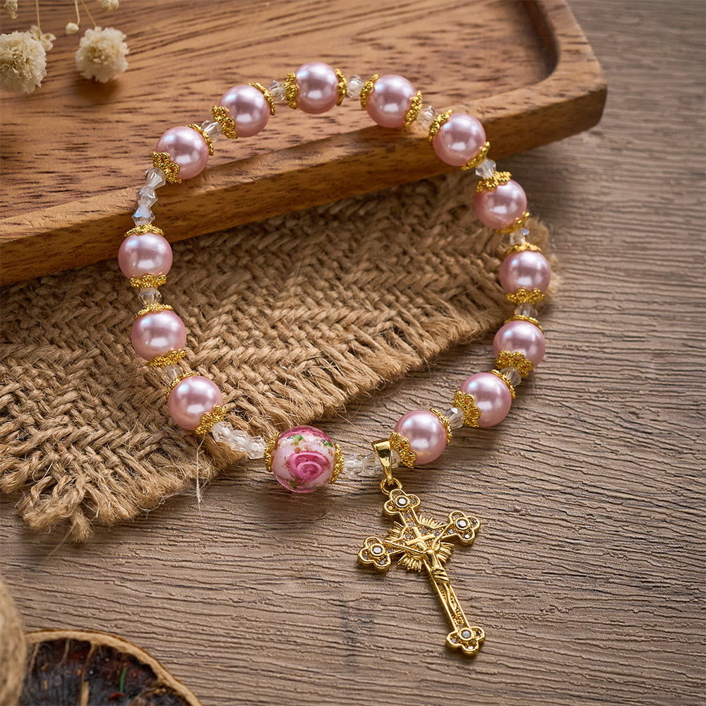 SolaceBeads Lustrous Pink Lampwork Rosary Bracelet With Ornate Crucifix: Grace of Rosy Devotion - Pink - image 0