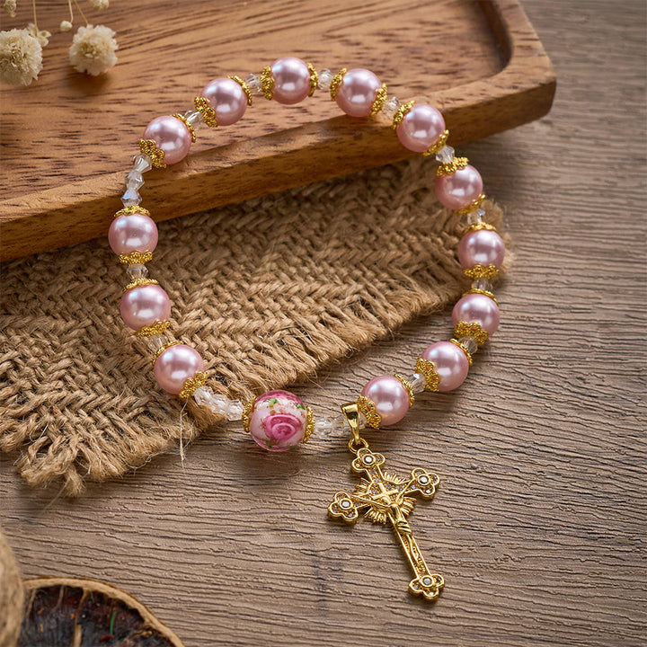 SolaceBeads Lustrous Pink Lampwork Rosary Bracelet With Ornate Crucifix: Grace of Rosy Devotion - Pink - image 0
