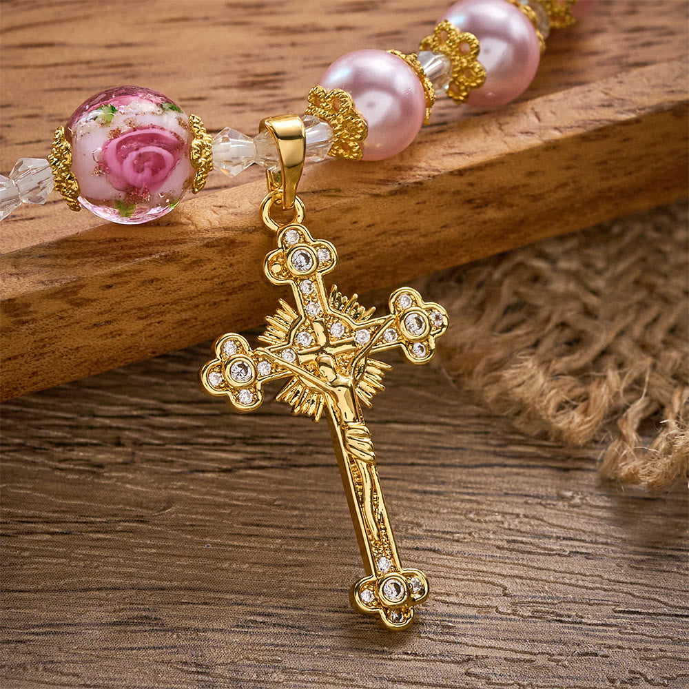 SolaceBeads Lustrous Pink Lampwork Rosary Bracelet With Ornate Crucifix: Grace of Rosy Devotion - image 2
