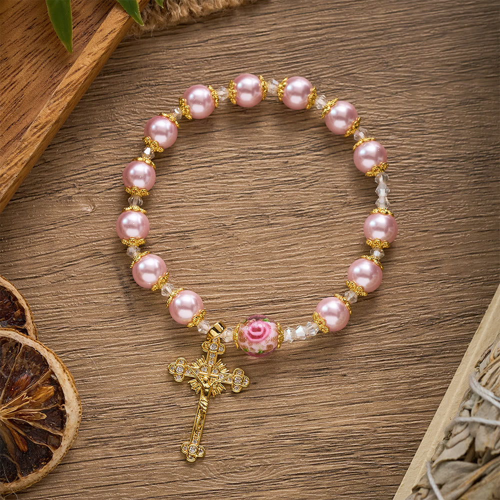SolaceBeads Lustrous Pink Lampwork Rosary Bracelet With Ornate Crucifix: Grace of Rosy Devotion - image 3