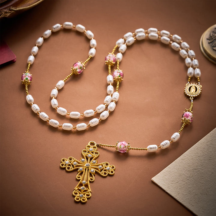 Solacebeads Lustrous Oval Pearl &amp; Rose Lampwork Artistic Rosary &amp; Gold Cross: Devotional Elegance - image 6
