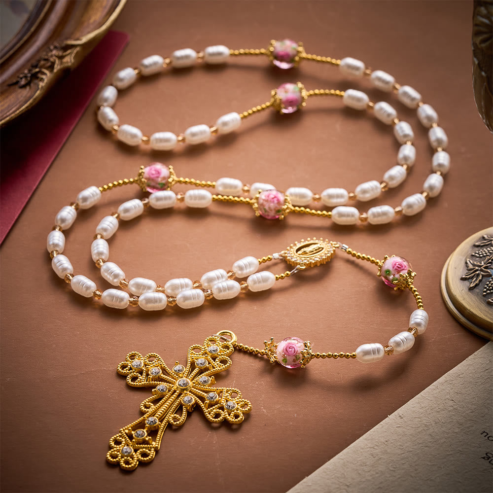 Solacebeads Lustrous Oval Pearl &amp; Rose Lampwork Artistic Rosary &amp; Gold Cross: Devotional Elegance - image 7