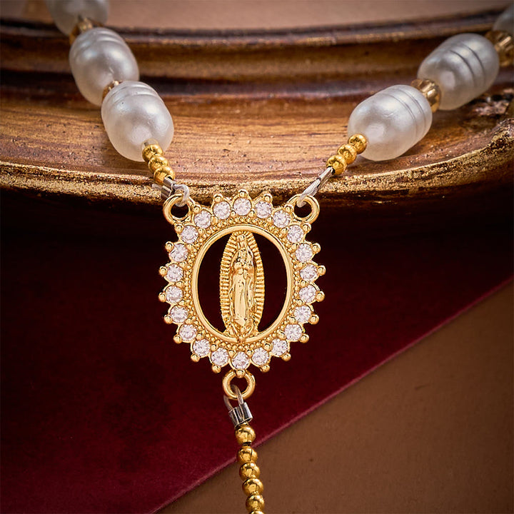Solacebeads Lustrous Oval Pearl &amp; Rose Lampwork Artistic Rosary &amp; Gold Cross: Devotional Elegance - image 2