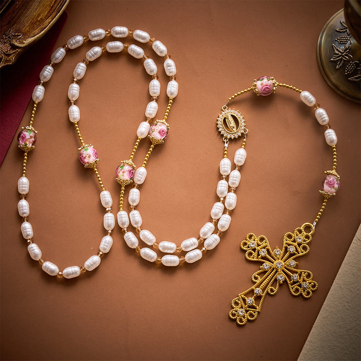 Solacebeads Lustrous Oval Pearl &amp; Rose Lampwork Artistic Rosary &amp; Gold Cross: Devotional Elegance - image 5