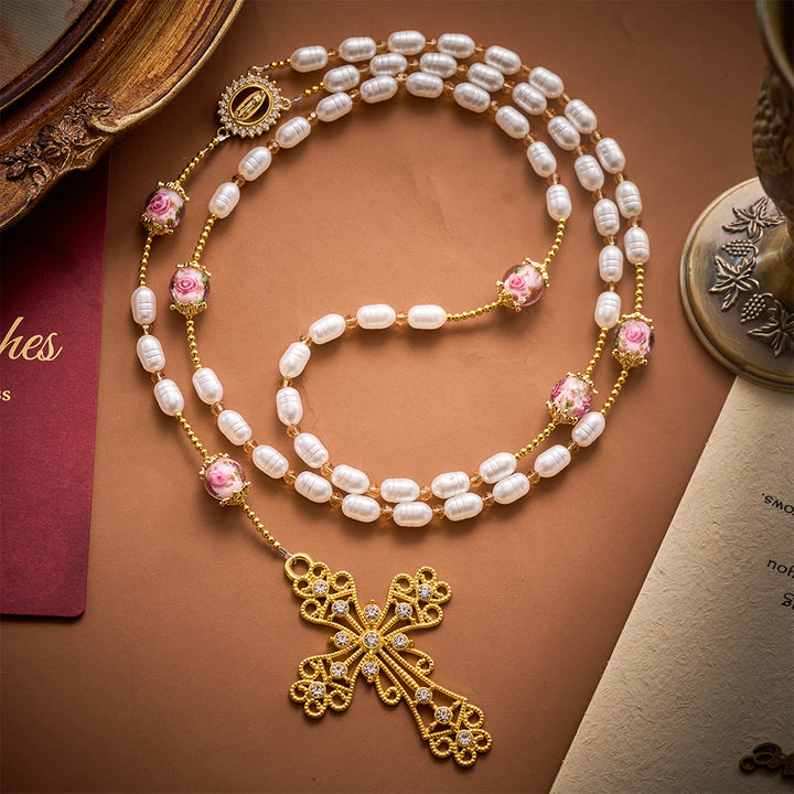 Solacebeads Lustrous Oval Pearl &amp; Rose Lampwork Artistic Rosary &amp; Gold Cross: Devotional Elegance - Pink - image 0