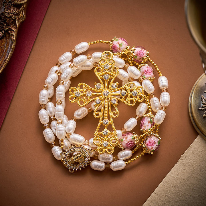 Solacebeads Lustrous Oval Pearl &amp; Rose Lampwork Artistic Rosary &amp; Gold Cross: Devotional Elegance - image 4