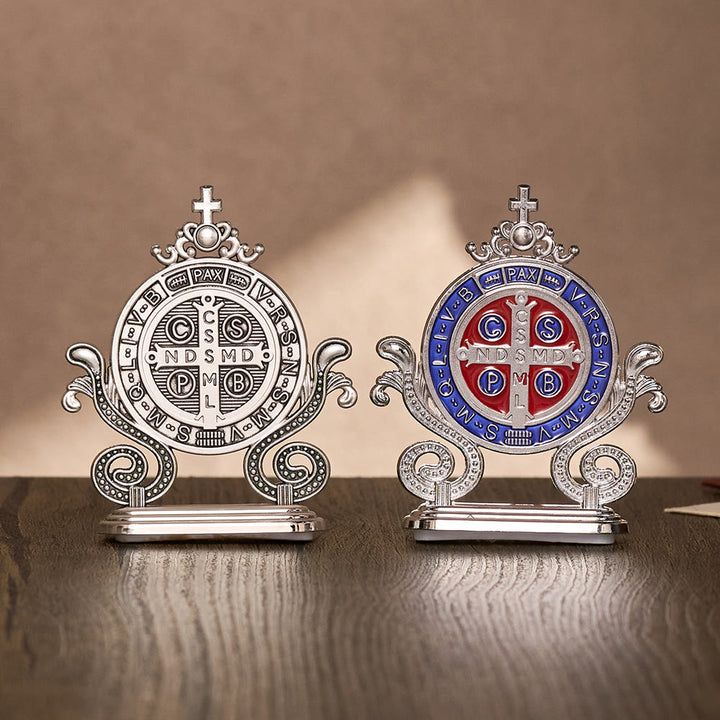 Solacebeads St. Benedict Medal Standing Figurine: Sacred Protection for Home Altar Decor - Blue &amp; Silver - image 1