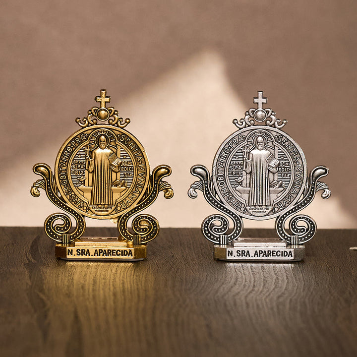 Solacebeads St. Benedict Standing Tabletop Statue: Quiet Divine Guardianship - One Set Of Gold &amp; Silver - image 0