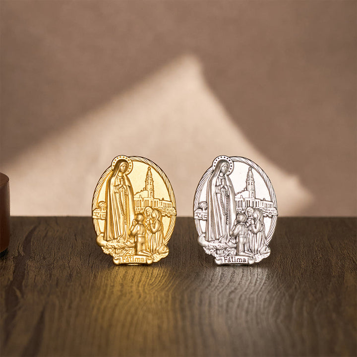 Solacebeads Our Lady of Fátima with Shepherd Children Tabletop Prayer Statue Set: Marian Blessing - One Set Of Gold &amp; Steel - image 0