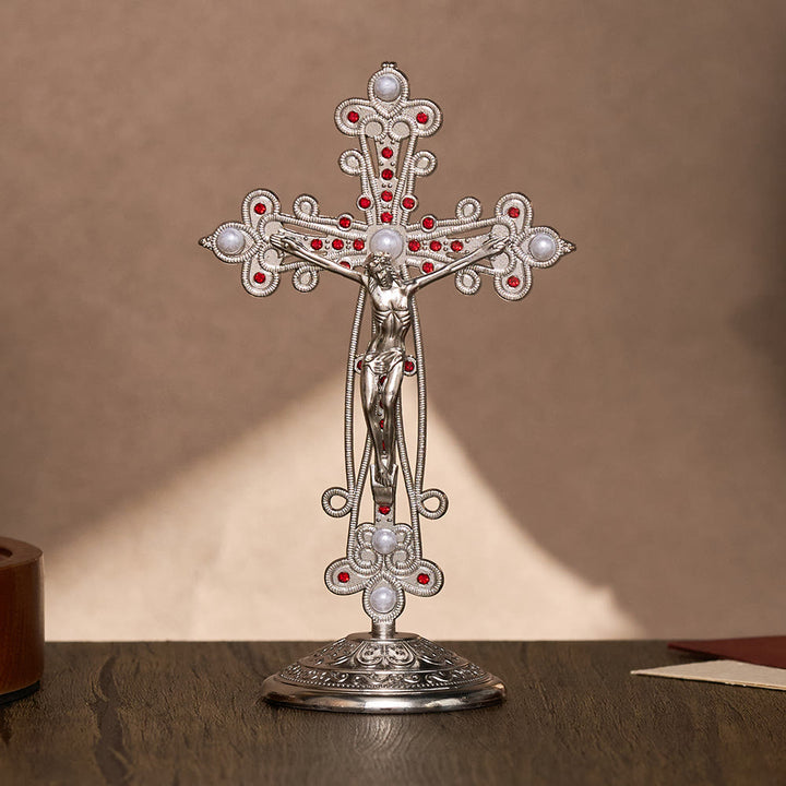 Solacebeads Assembled Standing Silver‑Tone Crucifix: Ornate Devotional Grace for Home Altar - Silver - image 0