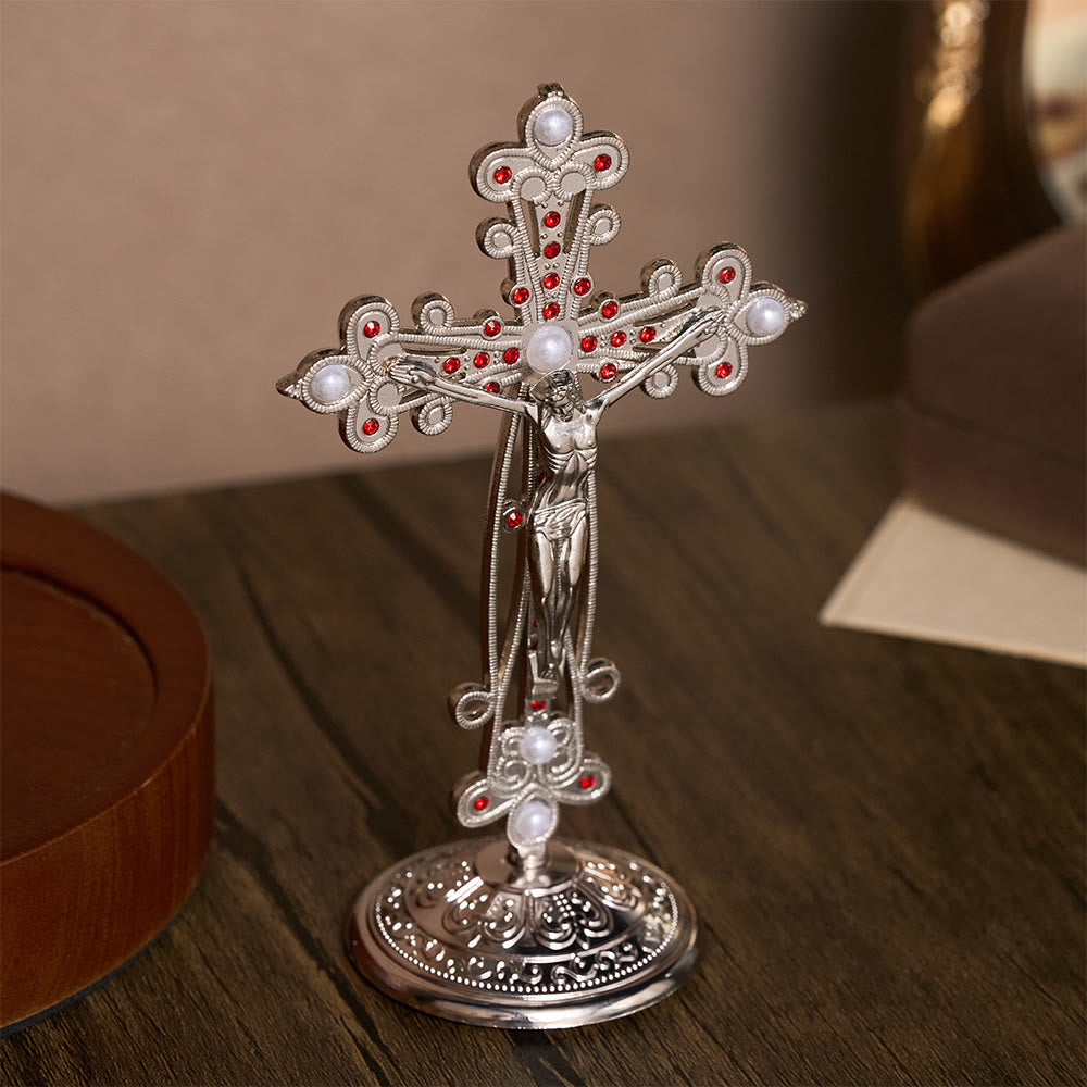 Solacebeads Assembled Standing Silver‑Tone Crucifix: Ornate Devotional Grace for Home Altar - image 1