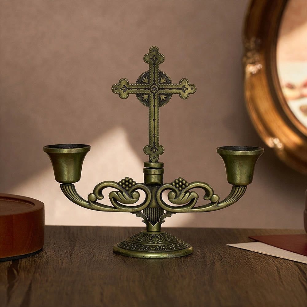 Solacebeads Assembled Standing Prayer Cross: Vintage Devotional Candelabra for Home Altar Decor - Antique Bronze - image 0