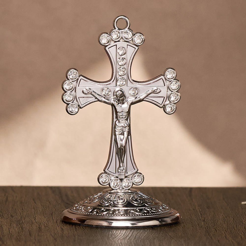 SolaceBeads Crystal Standing Crucifix, Prayer Cross, Fill Your Space With Divine Grace - White Diamond &amp; Sliver - image 3