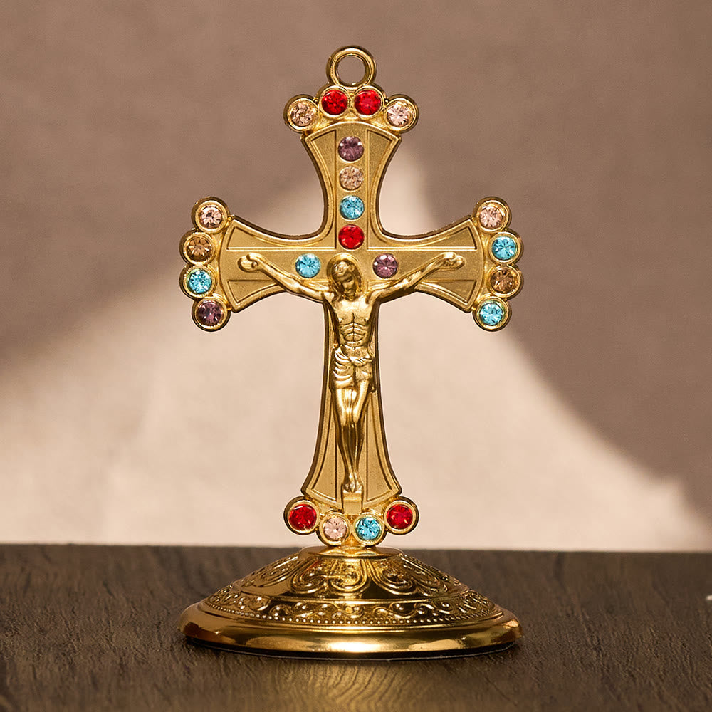 SolaceBeads Crystal Standing Crucifix, Prayer Cross, Fill Your Space With Divine Grace - Fancy-colored Diamond &amp; Gold - image 0