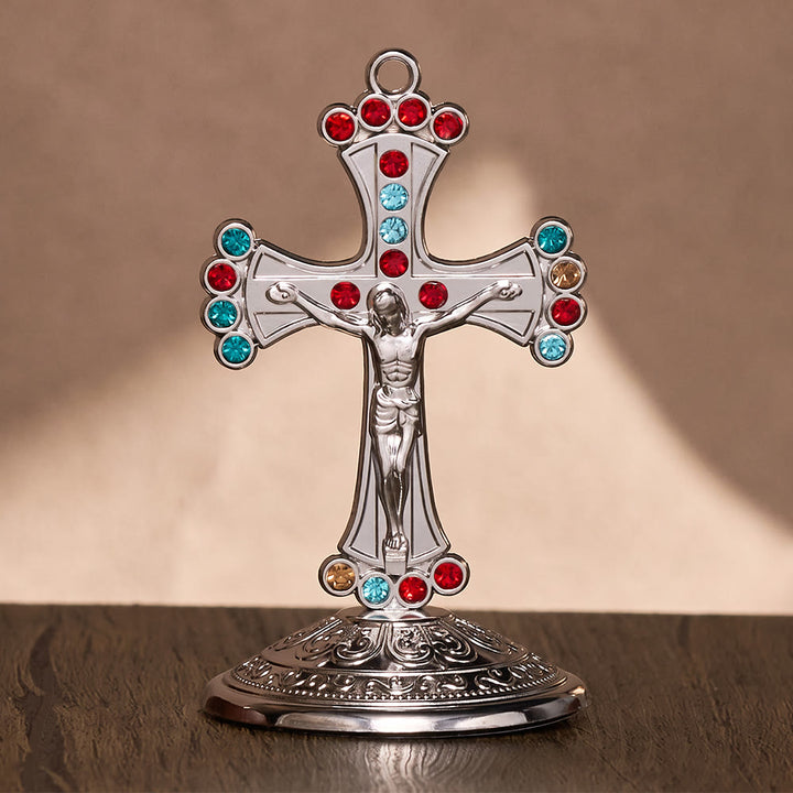 SolaceBeads Crystal Standing Crucifix, Prayer Cross, Fill Your Space With Divine Grace - Fancy-colored Diamond &amp; Sliver - image 1