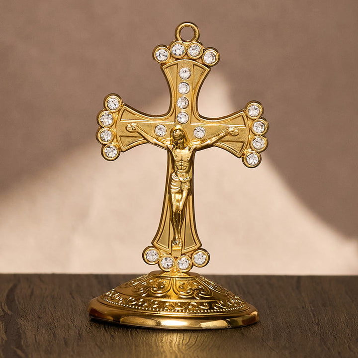 SolaceBeads Crystal Standing Crucifix, Prayer Cross, Fill Your Space With Divine Grace - White Diamond &amp; Gold - image 2
