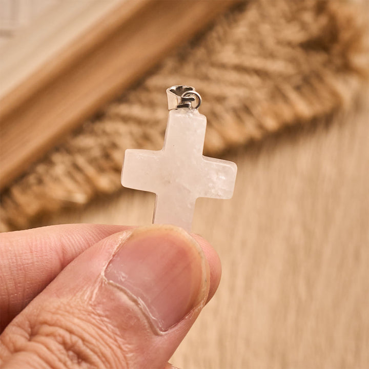 Solacebeads Clear Quartz Hand‑Hold Cross Pendant: Gentle Faith for Prayer &amp; Jewelry Making - image 1