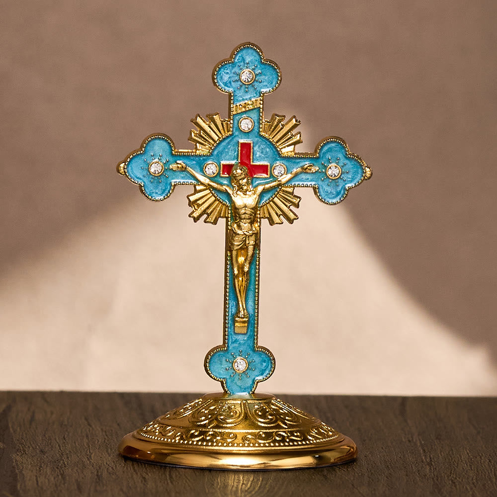 SolaceBeads Enamel Standing Prayer Crucifix, Bring Divine Light To Daily Prayer - Golden Blue - image 0