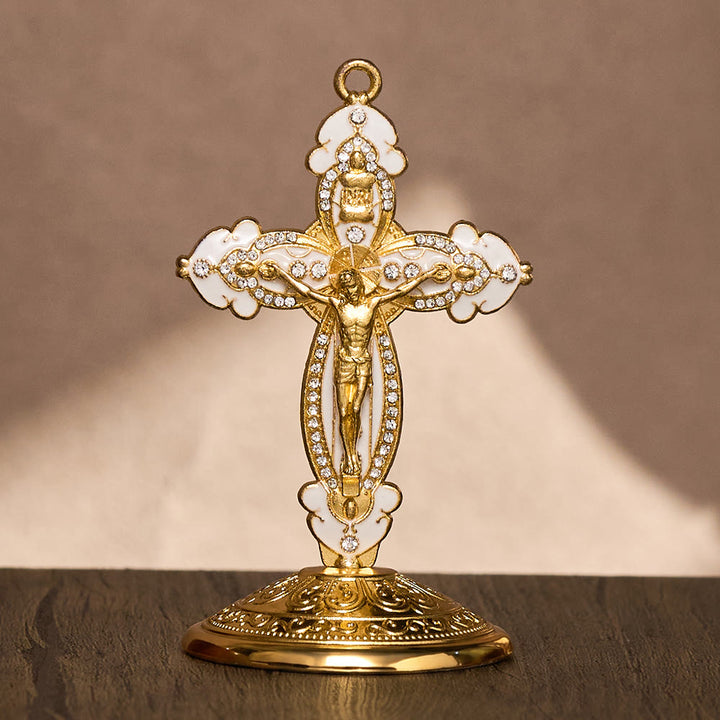 SolaceBeads Enamel Standing Prayer Crucifix, Strengthen Faith During Daily Prayers - Gold &amp; White - image 0