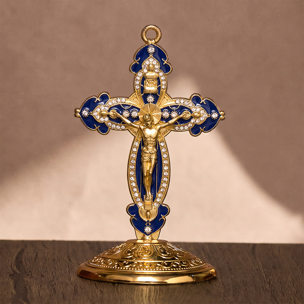 SolaceBeads Enamel Standing Prayer Crucifix, Strengthen Faith During Daily Prayers - Gold &amp; Blue - image 3