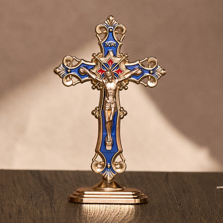 SolaceBeads Enamel Standing Prayer Crucifix, Inspire Faith In Prayer Corner &amp; Desktop &amp; Daily Devotion - Gold &amp; Blue - image 2