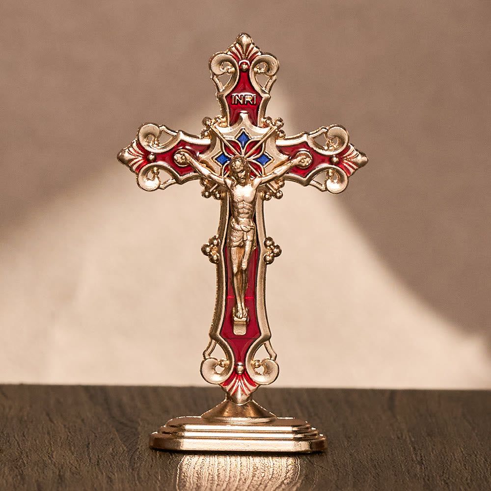 SolaceBeads Enamel Standing Prayer Crucifix, Inspire Faith In Prayer Corner &amp; Desktop &amp; Daily Devotion - Gold &amp; Red - image 0