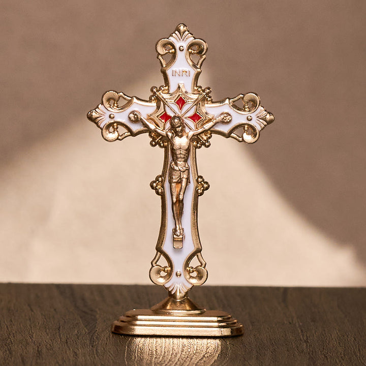 SolaceBeads Enamel Standing Prayer Crucifix, Inspire Faith In Prayer Corner &amp; Desktop &amp; Daily Devotion - Gold &amp; White - image 1